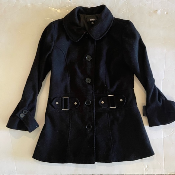 Black Button-front Felt Satin Lined Girls Midi Jacket - Picture 4 of 9